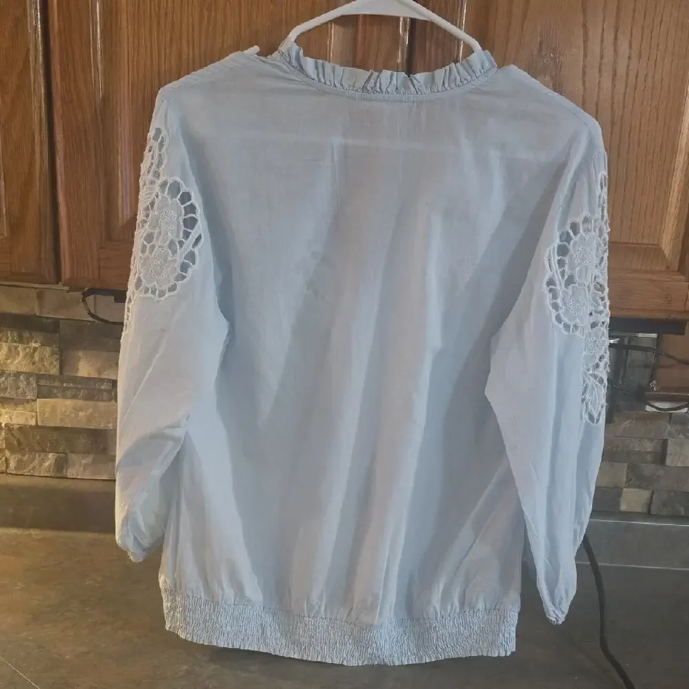 VENUS Light Blue Lace Accent Blouse - Picture 2 of 6